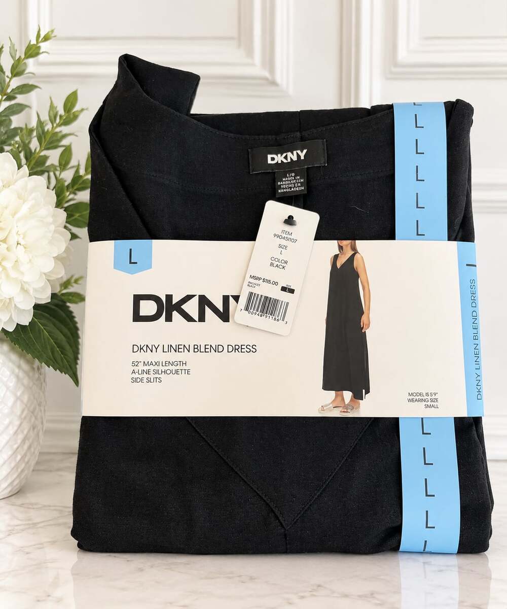 DKNY Linen Blend Dress Size L Black Maxi Length A-Line NWT